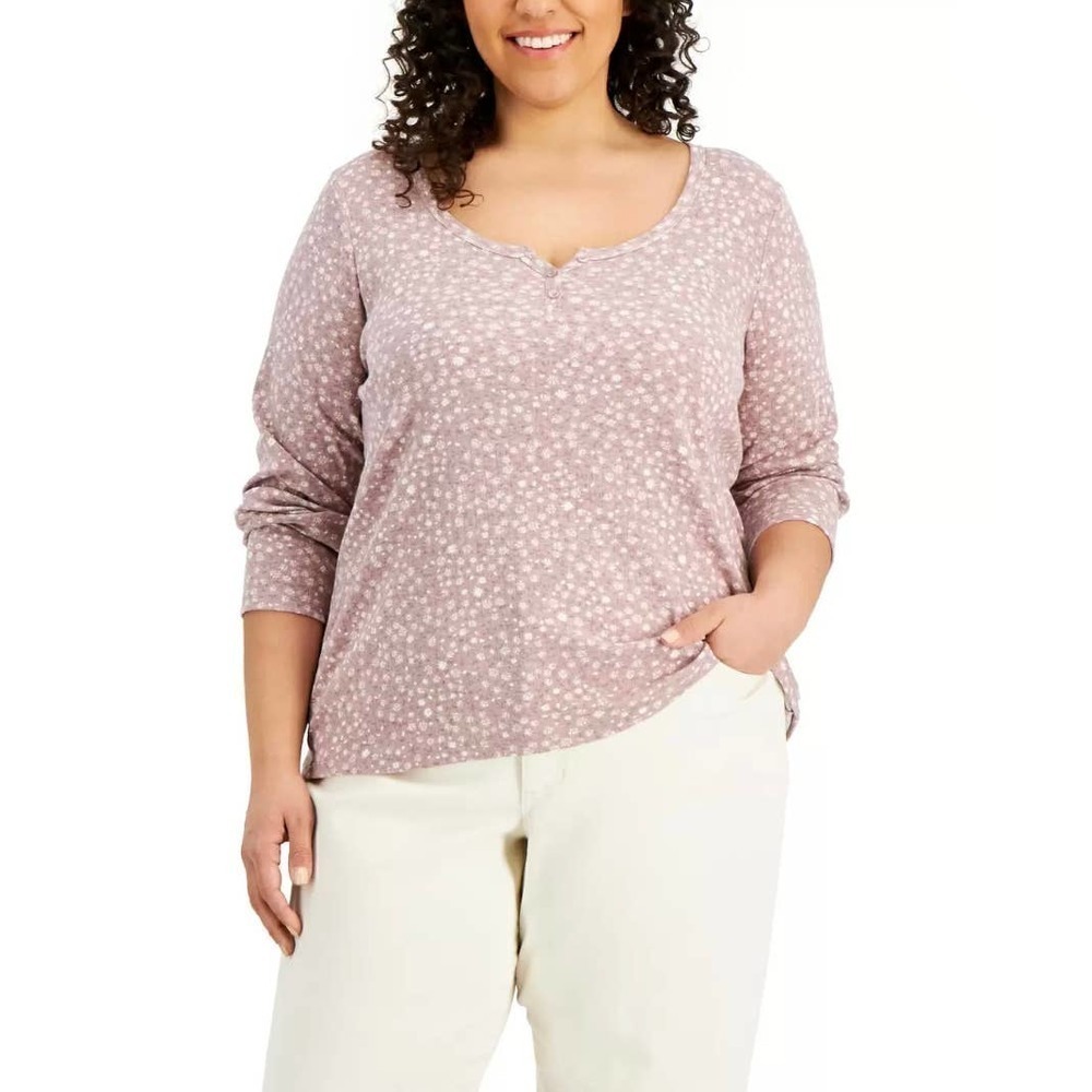 Hippie Rose Womens Trendy Plus Size Floral-Print Henley Top 1X blouse